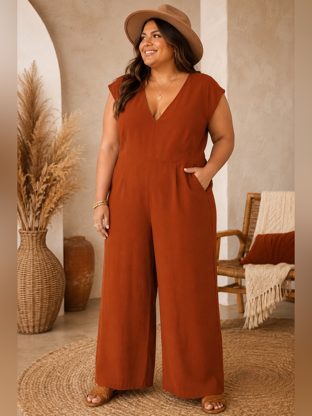 A New Day Rust Wide Leg Jumpsuit XXL Boho Fall Flutter Sleeve